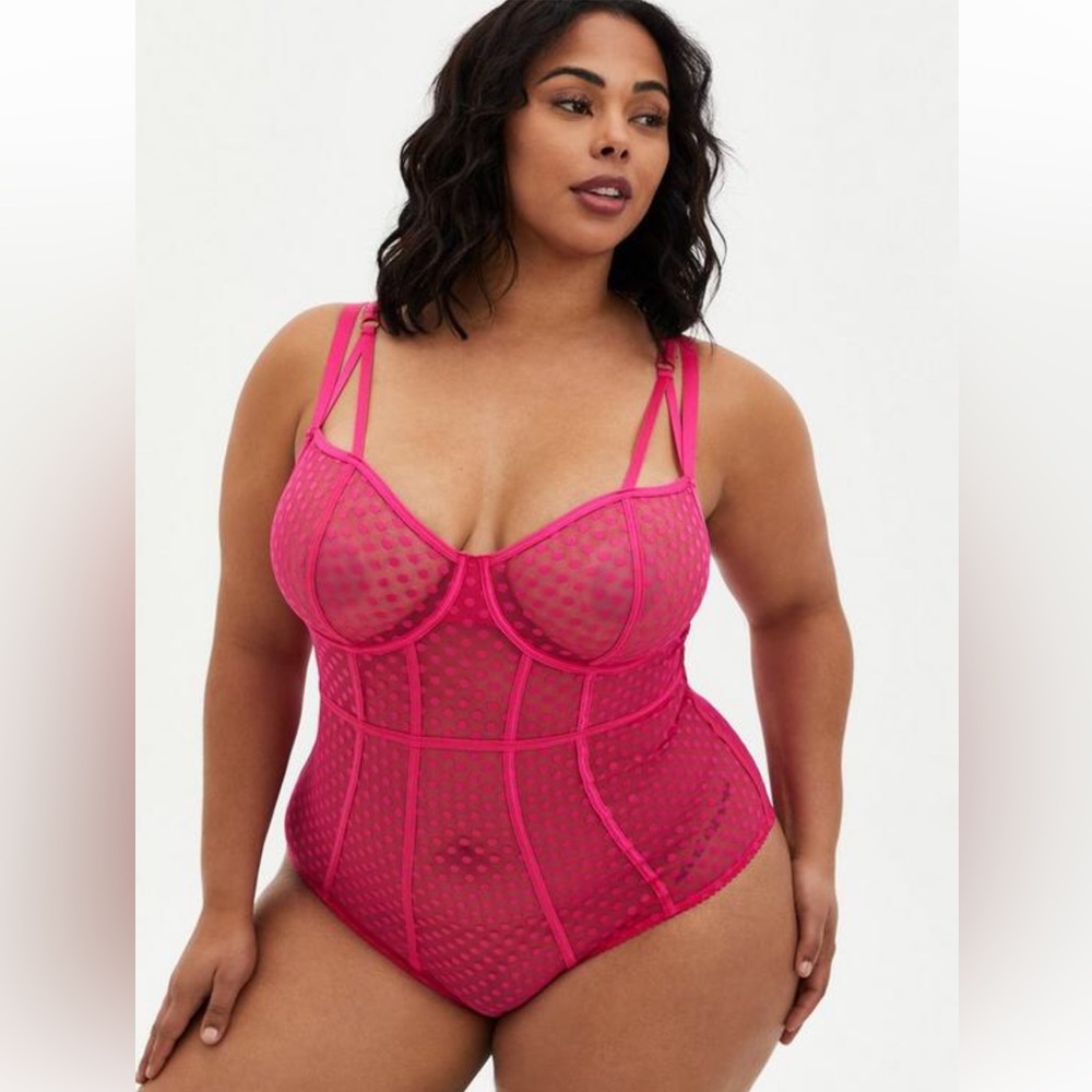 Torrid Pink Dot Mesh Cut Out Underwire Bodysuit